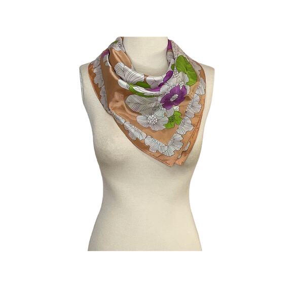 1970s White Green & Purple Pop Art Floral Graphic Acetate Scarf Made in Japan - Picture 1 of 7